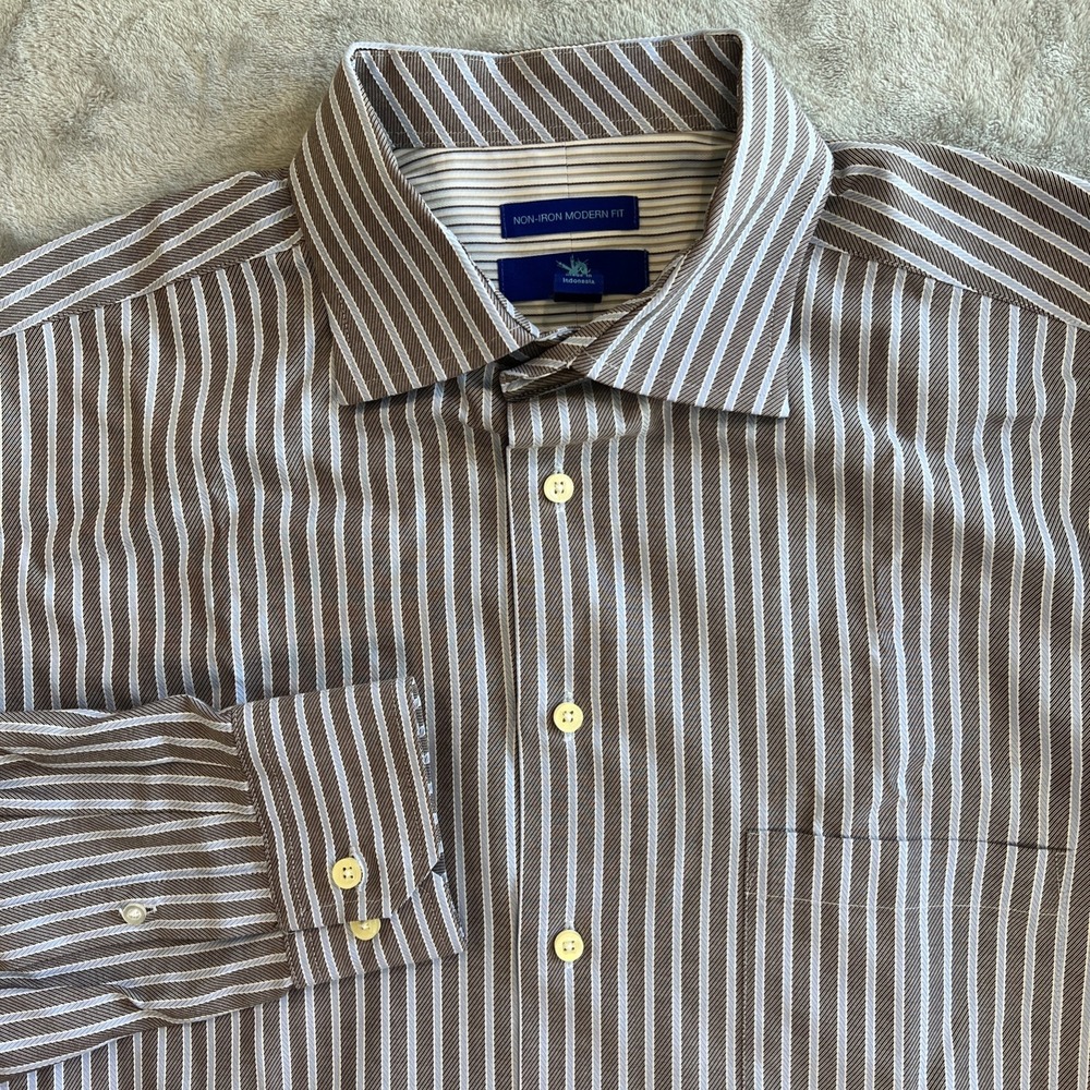 Egara Dress Shirt Mens XL 17-17.5 Brown Blue Striped Non-Iron Modern Fit Cotton